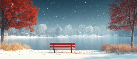 Obraz premium Snow-covered bench overlooking lake, flat design illustration