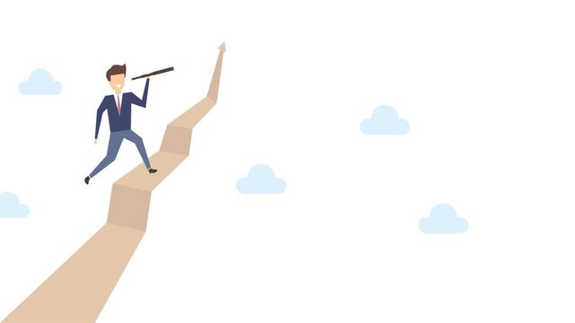Animated illustration of businessman cartoon character using telescope above the curve statistics. Describe a prediction about business and financial activity in the future.