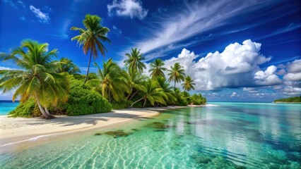 Fototapeta premium Tropical island paradise with crystal clear waters, lush green palm trees, and sandy beaches, Tropical, Island