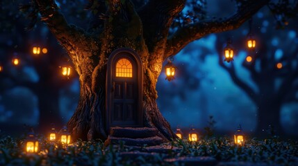 Enchanted Tree with Glowing Lanterns in Mystical Forest at Night