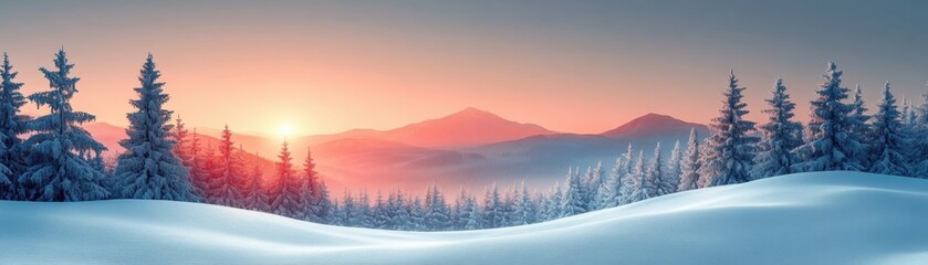 Fototapeta premium Serene winter landscape, snow-covered hills, flat design illustration
