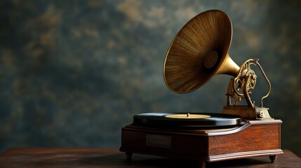 Vintage Gramophone with Golden Horn