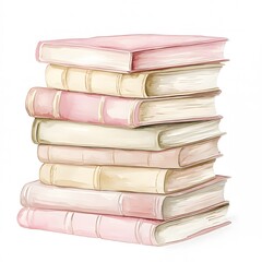 Soft pink and beige books stacked on a white background, watercolor art.

