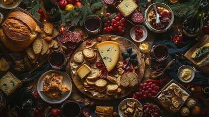Top view of a European festival spread with cheese, bread, and wine, surrounded by festive room for copy.