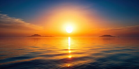 Fototapeta premium Glowing sun above calm ocean with distant islands in vertical landscape, serene, tranquil, peaceful, water, reflection, nature