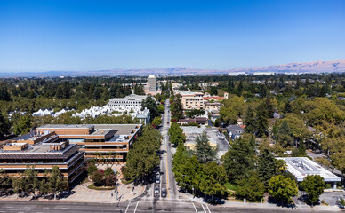 Aerial panoramic view of downtown Mountain View, California, along Castro Street, looking toward San Francisco Bay