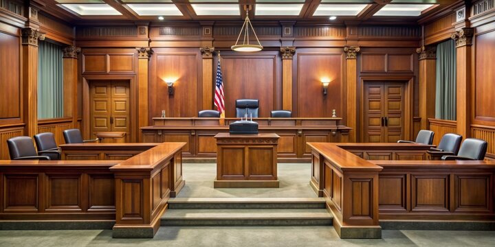 Stock photo of a courtroom with judge's bench, defendant's table, and jury box, criminal law, justice, legal system, court