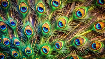 Close up detailed image of a vibrant peacock feathers, peacock, bird, close up, feathers, colorful, wildlife, nature, beautiful