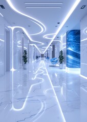 Fototapeta premium Futuristic White Marble Hallway with Blue Accents and Modern Lighting Design