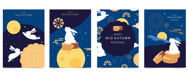 mid-autumn festival background with rabbit,mooncake,moon .vector for a4 vertical design