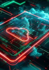 Futuristic Cloud Computing Concept with Neon Lights and Digital Interface - High-Tech Data Storage and Network Visualization