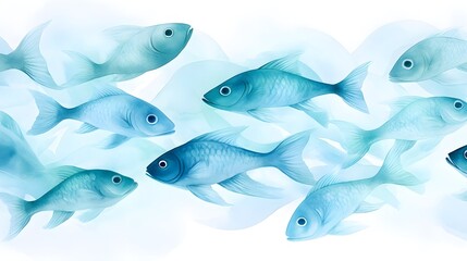 Shoal of vibrant fish swimming in crystal-clear tropical waters, captured in a dynamic watercolor style, Soft blending of blues and greens with detailed fish scales