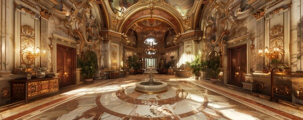 Obraz premium Luxurious Grand Hall with Ornate Decor and Marble Flooring in a Majestic Palace Interior