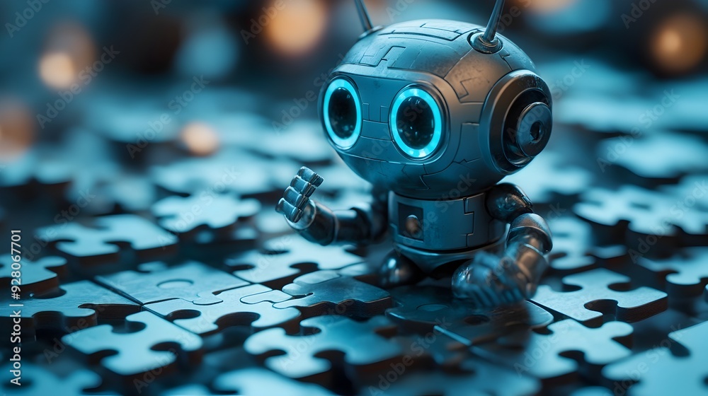 Poster 3d search engine robot piecing together a digital puzzle symbolizing the assembly of search results 