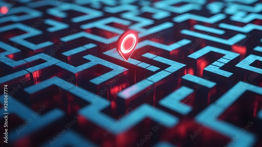 Poster navigating the digital maze search bar guiding through 3d information landscape symbolizing the proc