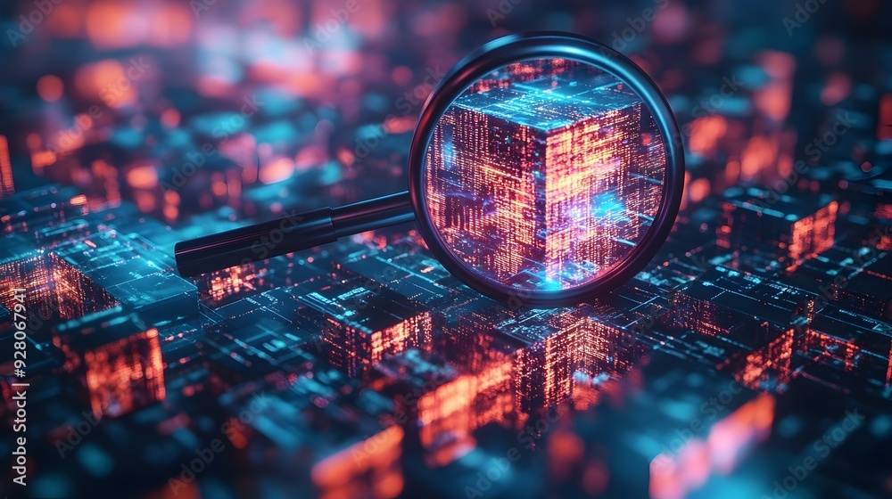 Poster 3d magnifying glass dissecting layers of digital data cube symbolizing deep search capabilities and 