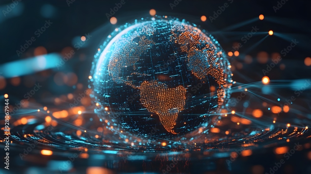 Poster 3D Futuristic Globe Representing a Global Search Engine with Interconnected Data Points Visualizing Search Queries and Digital Connectivity Across the World