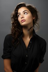 Fototapeta premium Pretty young woman looking up and taking a thinking pose
