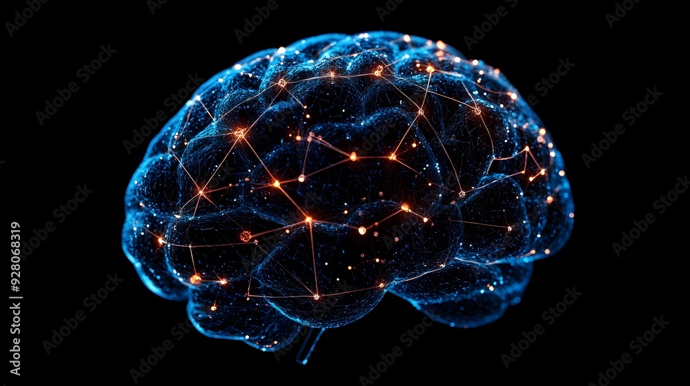 Poster a 3d digital brain with interconnected nodes each representing a search result