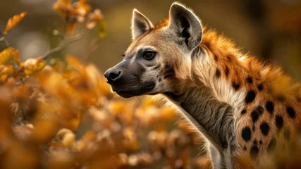 Close-Up of a Spotted Hyena in Natural Habitat with Autumn Foliage in the Background