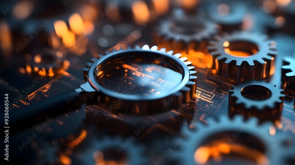 Poster abstract 3d search engine icon with floating interconnected mechanical gears symbolizing the mechani