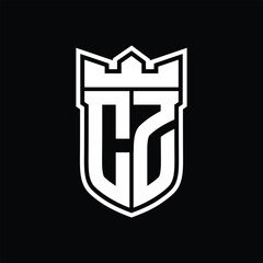CZ Logo shield shape with geometric crown inside white outline on black background template design