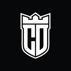 CD Logo shield shape with geometric crown inside white outline on black background template design