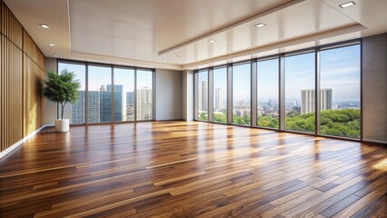 Empty room interior with a sleek wooden floor, room, interior, empty, wooden floor, space, minimalist, clean