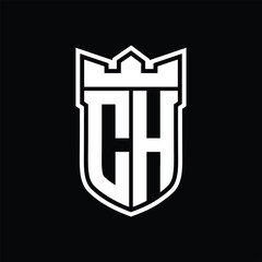 CH Logo shield shape with geometric crown inside white outline on black background template design
