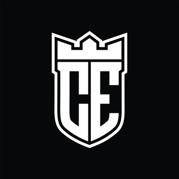 recommend clip art: CE Logo shield shape with geometric crown inside white outline on black background template design
