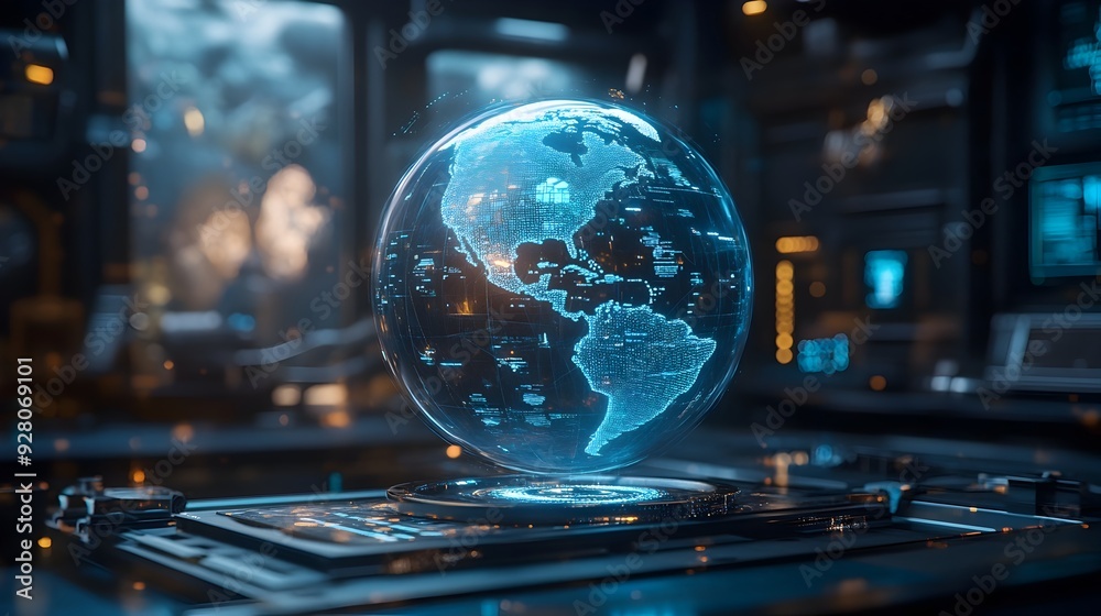 Poster futuristic 3d holographic globe search engine interface displaying real time global data and live se