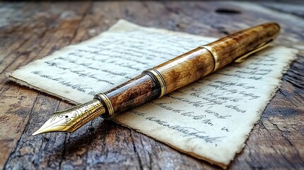 Wooden and Gold Fountain Pen on Handwritten Paper