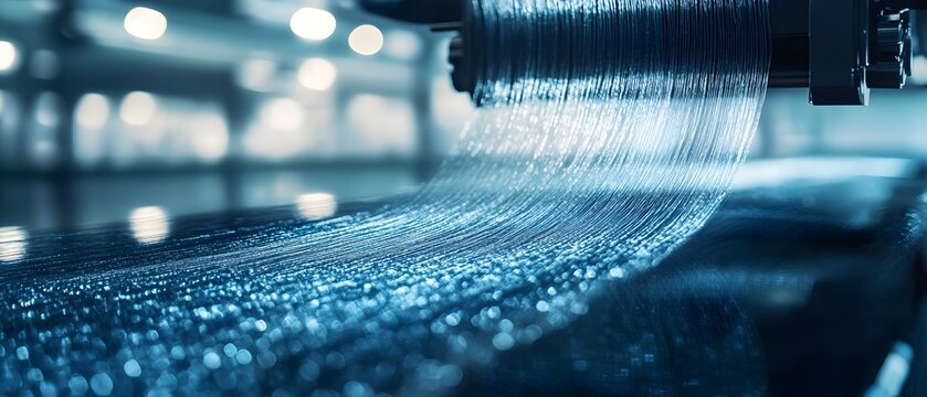 Photographic Concept Depicting the Manufacturing Process of Synthetic Fibers and Materials Showcasing the Machinery Technology and Innovation Involved in Creating Strong Flexible