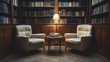 Two Armchairs Facing Each Other in a Library with Bookshelves
