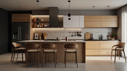 Fototapeta premium Modern Interior With Bright Wall, Living room, Bed room, kitchen, House Plants