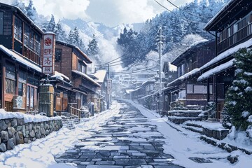 Fototapeta premium Winter Enchantment: Anime-Style Hot Spring Town in a Snowy Serene Slumber, Ideal for Gaming Art and Storybook Illustrations,anime-style,illustration,Picture BooksFor Poster,Novel,UI,WEB,Game,Design