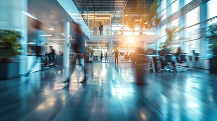 Fast-moving employees in a blurred office scene