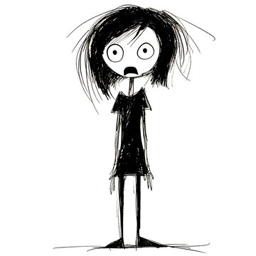 recommend clip art: A Scribbled Drawing of a Scared Woman With Disheveled Hair Isolated on a White Background