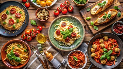 A beautifully set dinner table with an assortment of classic Italian meals, Italian cuisine, pasta, pizza, seafood