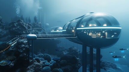 Futuristic underwater habitat with a walkway leading to a dome-shaped structure.