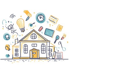 Hand-Drawn Illustration of a House with Surrounding Doodle Icons
