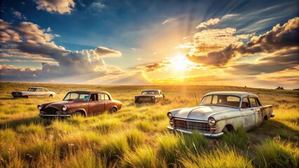 Fototapeta premium Old cars dumped on grassy field on sunny day, abandoned, rusted, vintage, decay, nature, environment, car graveyard