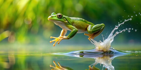 Green frog leaping out of water, close up , frog, green, amphibian, jumping, water, nature, wildlife, animal, leap, pond, lake
