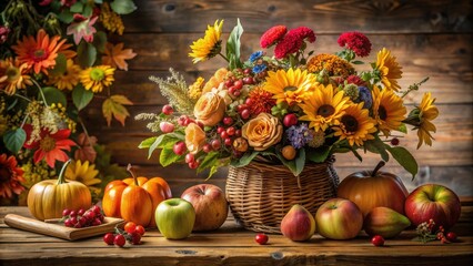 Autumn still life with garden flowers and fruits on wooden table, autumn, still life, garden, flowers, fruits, bouquet © prachaya