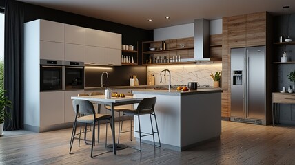 Fototapeta premium Modern Interior With Bright Wall, Living room, Bed room, kitchen, House Plants