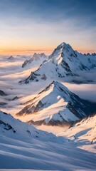 Naklejka premium Serene Snow-Covered Mountain with Fog and Clouds