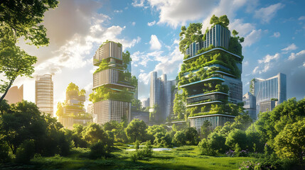 Green city of the future City of the future Harmony of city and nature Sunny day in the big city