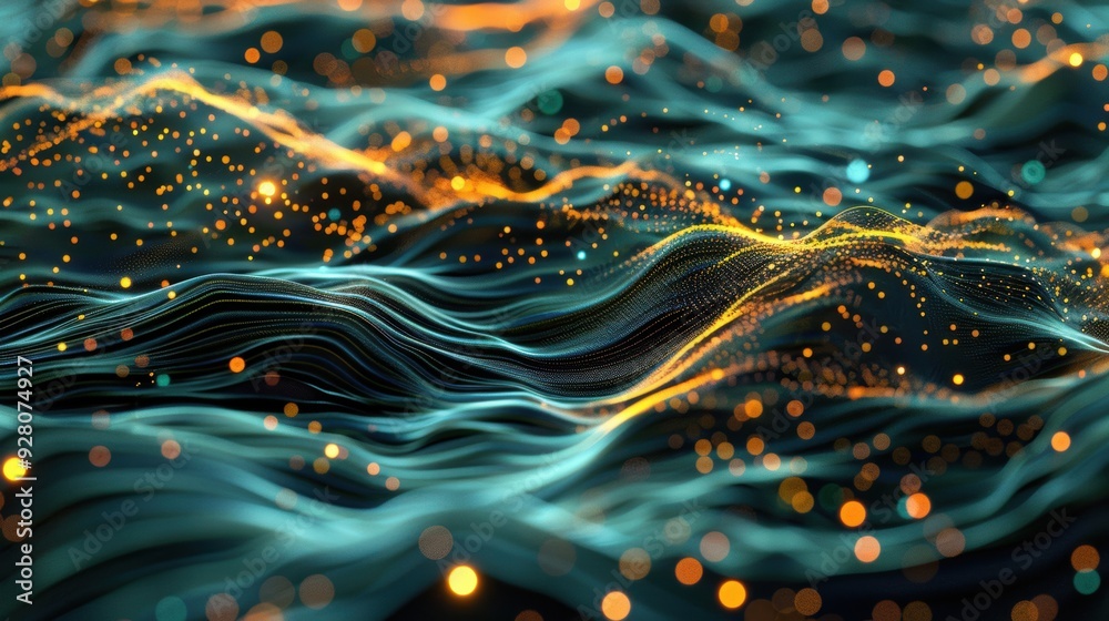 Poster dynamic abstract waves shimmer with glowing dots, creating an enchanting visual landscape filled wit