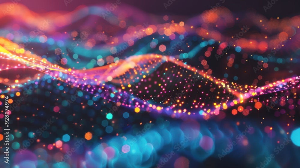 Poster digital waves of glowing dots create a captivating abstract display with vibrant colors and rhythmic