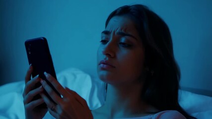 Nighttime Insomnia and Anxiety: Woman Checking Smartphone in Dark Bedroom
